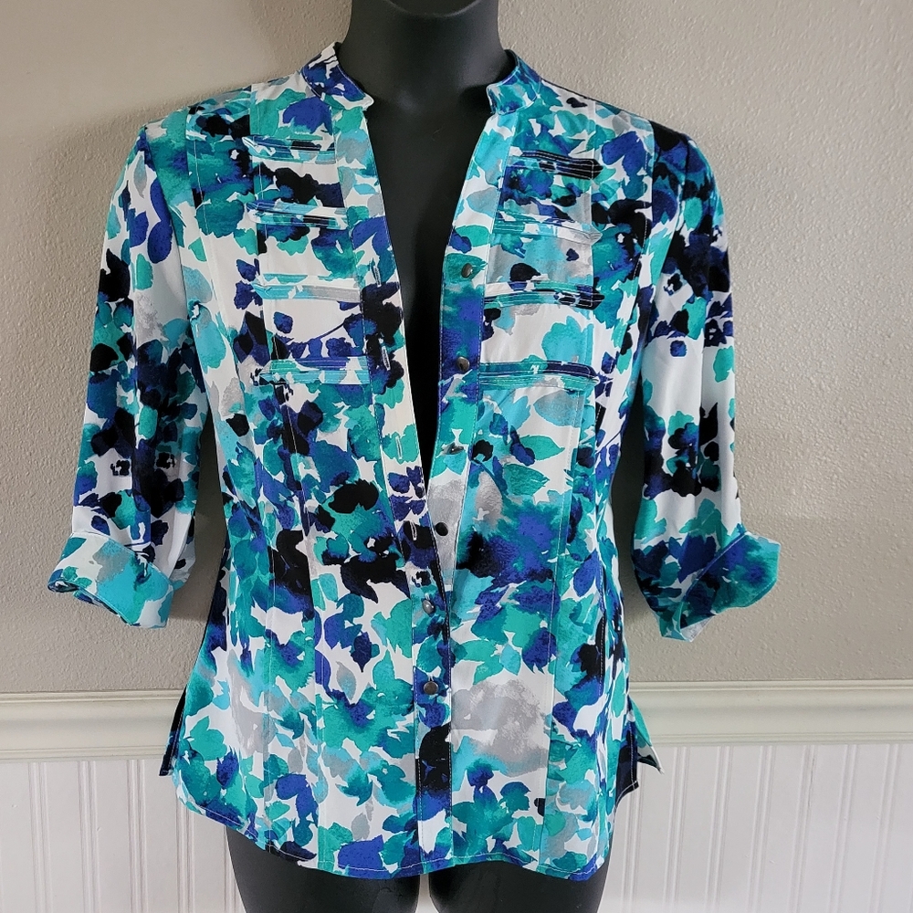 Print Button Down Laura Scott Tuxedo Blouse Green Blue Print Roll Tab Sleeve L